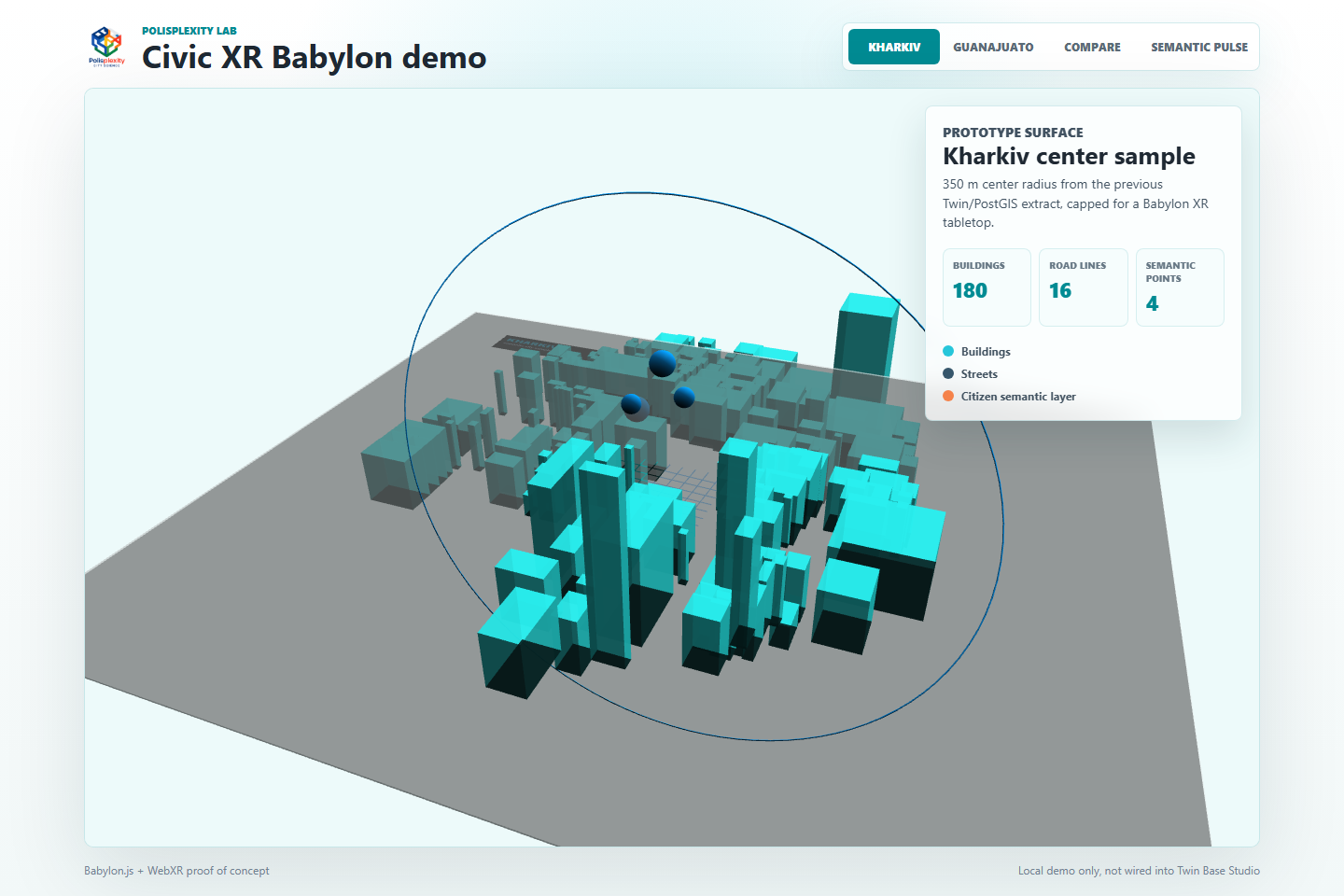 A cyan three-dimensional civic fragment in the Polisplexity Babylon prototype